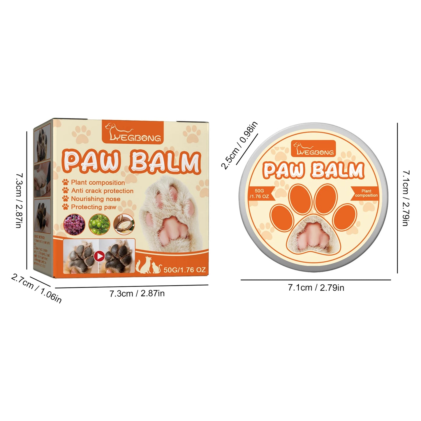 Yegbong 50g Pet Paw Moisturizing Balm for Cats Dogs Nourish Nose Protection Cracking Skin Soothe Repair Dryness Pet Paw Balm