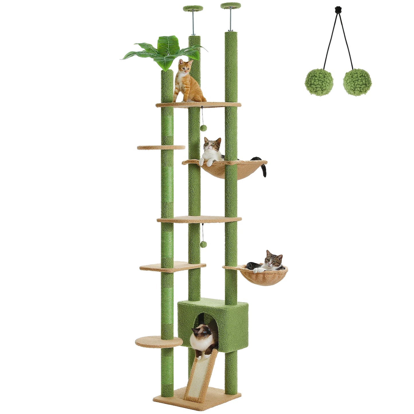 Adjustable 230-252cm Cat Tree, Floor to Ceiling Cat Condo, Hanging Ball,5 Scratching Posts,Hammock, Ample Resting Place for Cats