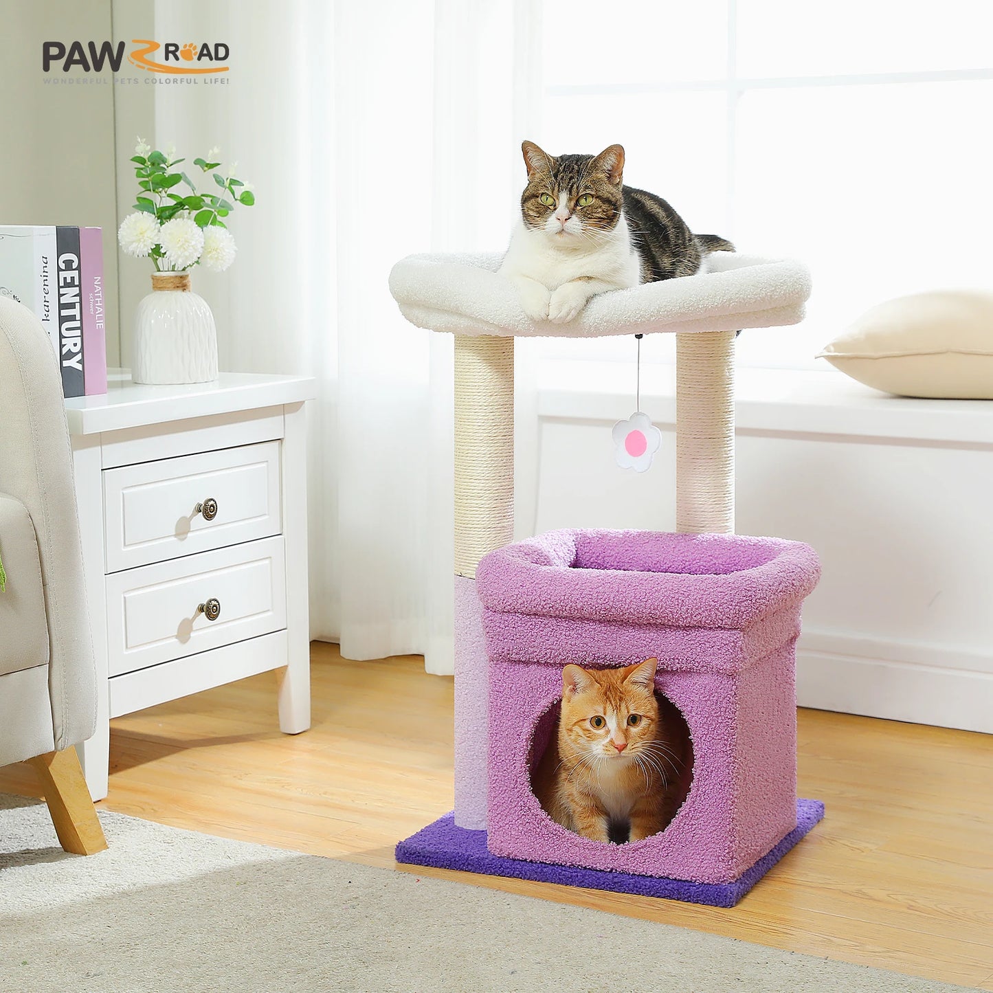 Cat Tree Cat Tower with Cozy Condo, Wide Top Perch,Natural Sisal Posts, Soft Plush,Playful Pom-Pom Suitable for 1-2 Indoor Cats