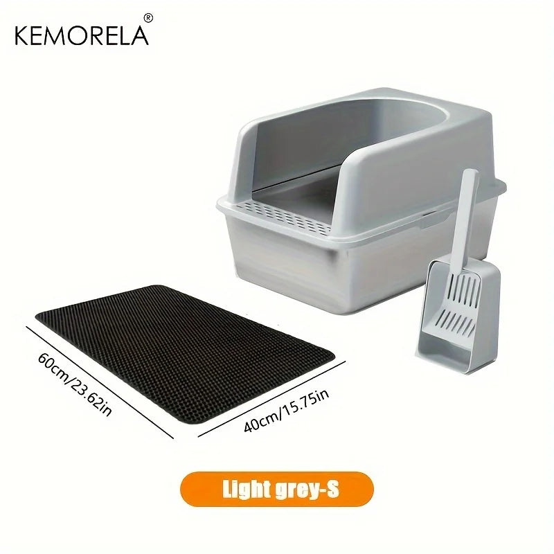 Stainless Steel Litter Box With Litter Mat And Litter Spade Lid High Side Suitable For Large Cats Closed Litter Tray With Spoon
