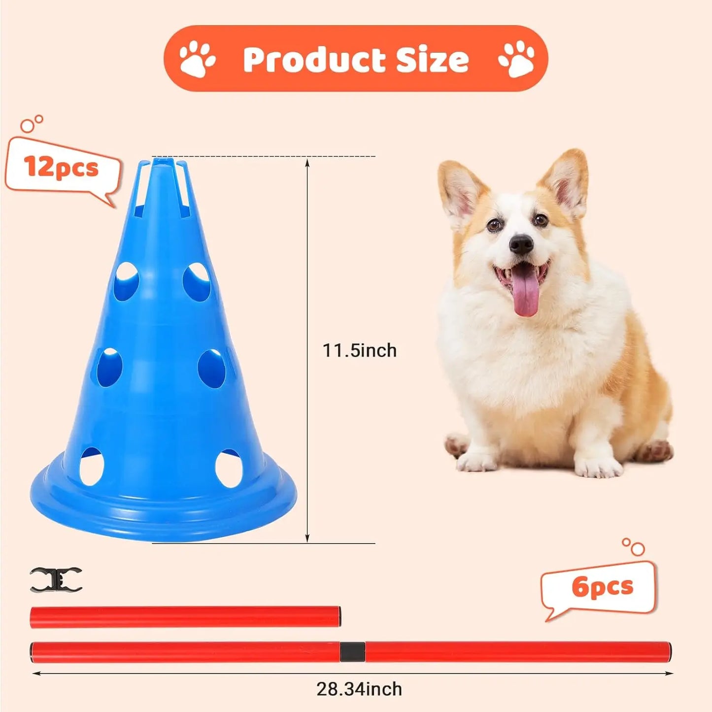 Dog Agility Hurdle Cone Set Dog Agility Course Backyard Set Include 12 Agility Cones 6 Agility Rods Training Equipment