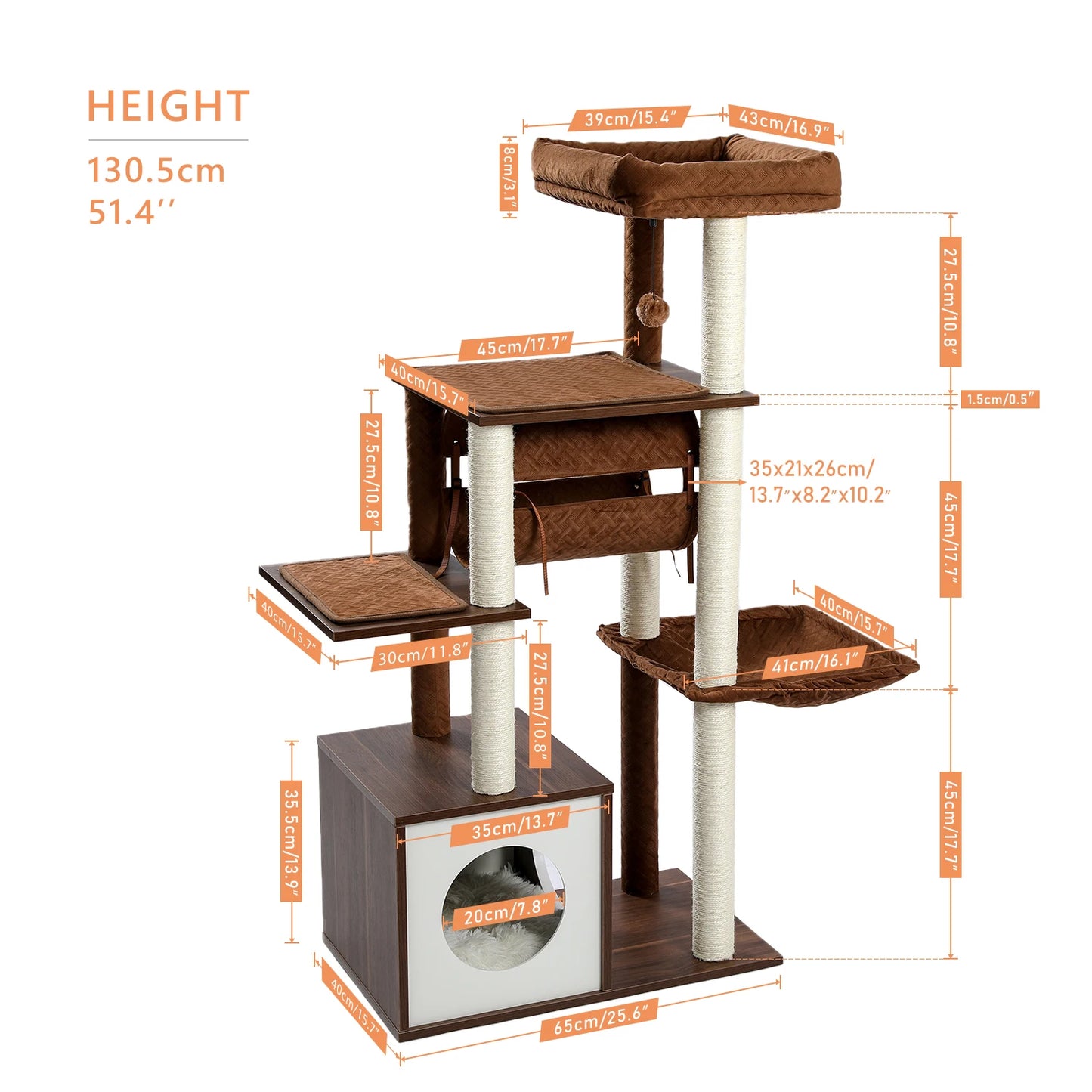 Modern Cat Tree for Indoor Cats Wooden Cat Tower with Sisal Covered Scratching Posts Cozy Condo Hammock Swing Tunnel Cat Toys