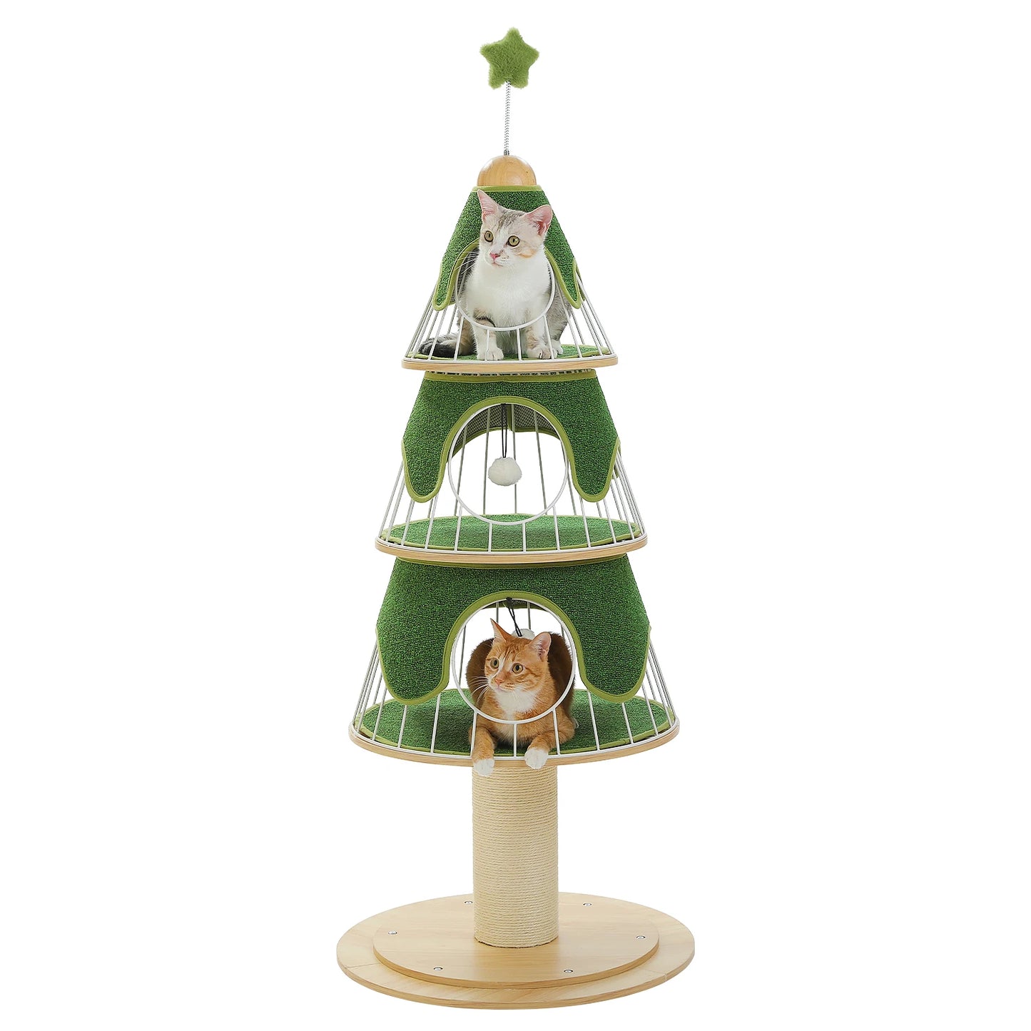 130cm Modern Cat Tree Tower with Thick Scratch Post Wood Cat Tower 3 Cozy Condos Sturdy Metal Frame and Replaceable Soft Mat