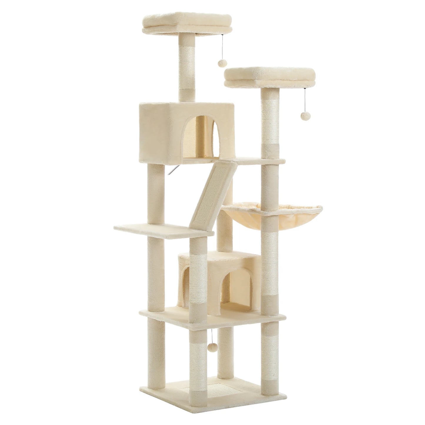 Deluxe 180cm Multi-Level Cat Tree with Plush Condo 6 Scratching Posts 2 Boards Perches Caves Hammock Pompoms for Active Felines