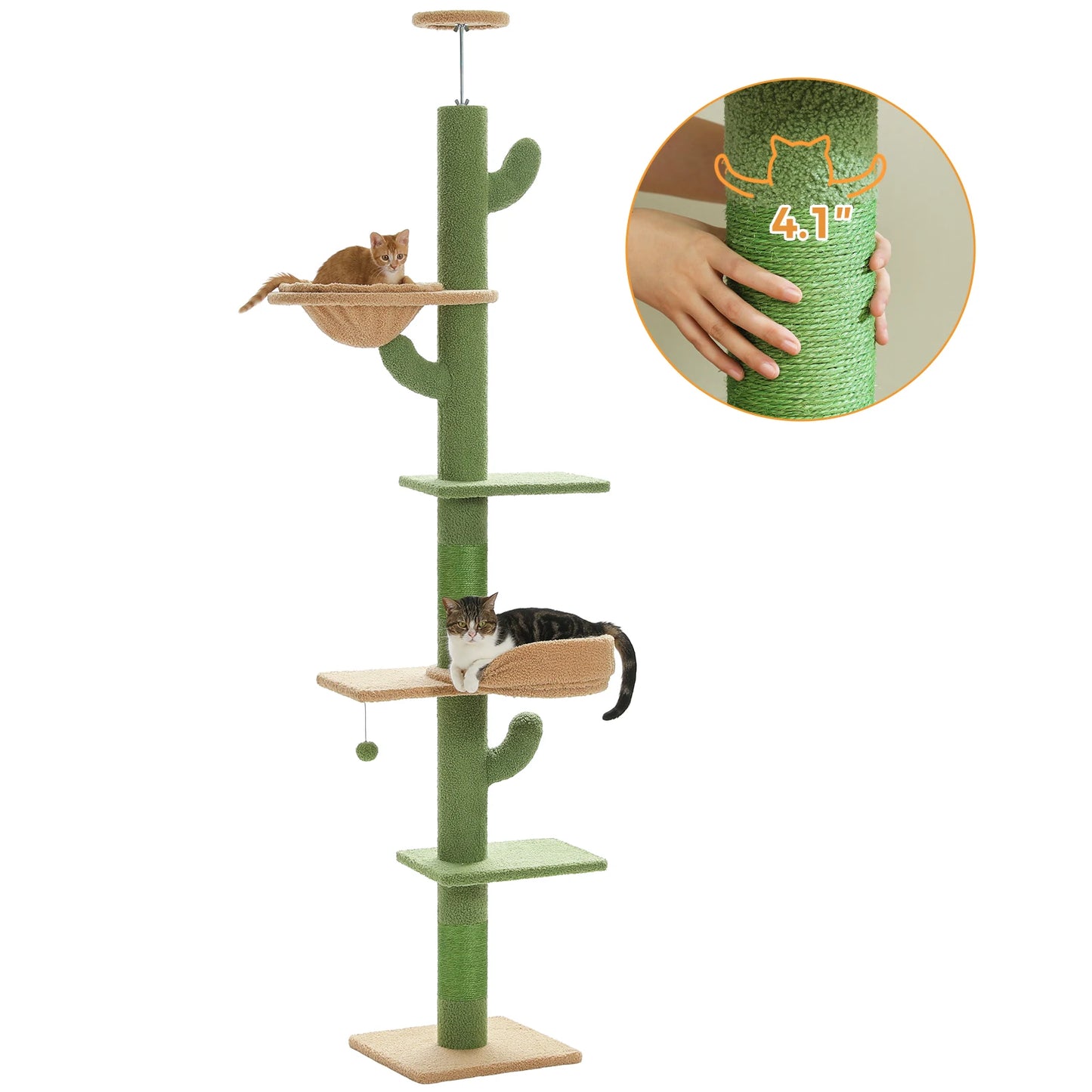 Floor to Ceiling Cactus Cat Tree Tower 5 Levels Height Adjustable Cat Tower with Cat Perch Replaceable Hammock Super Robust