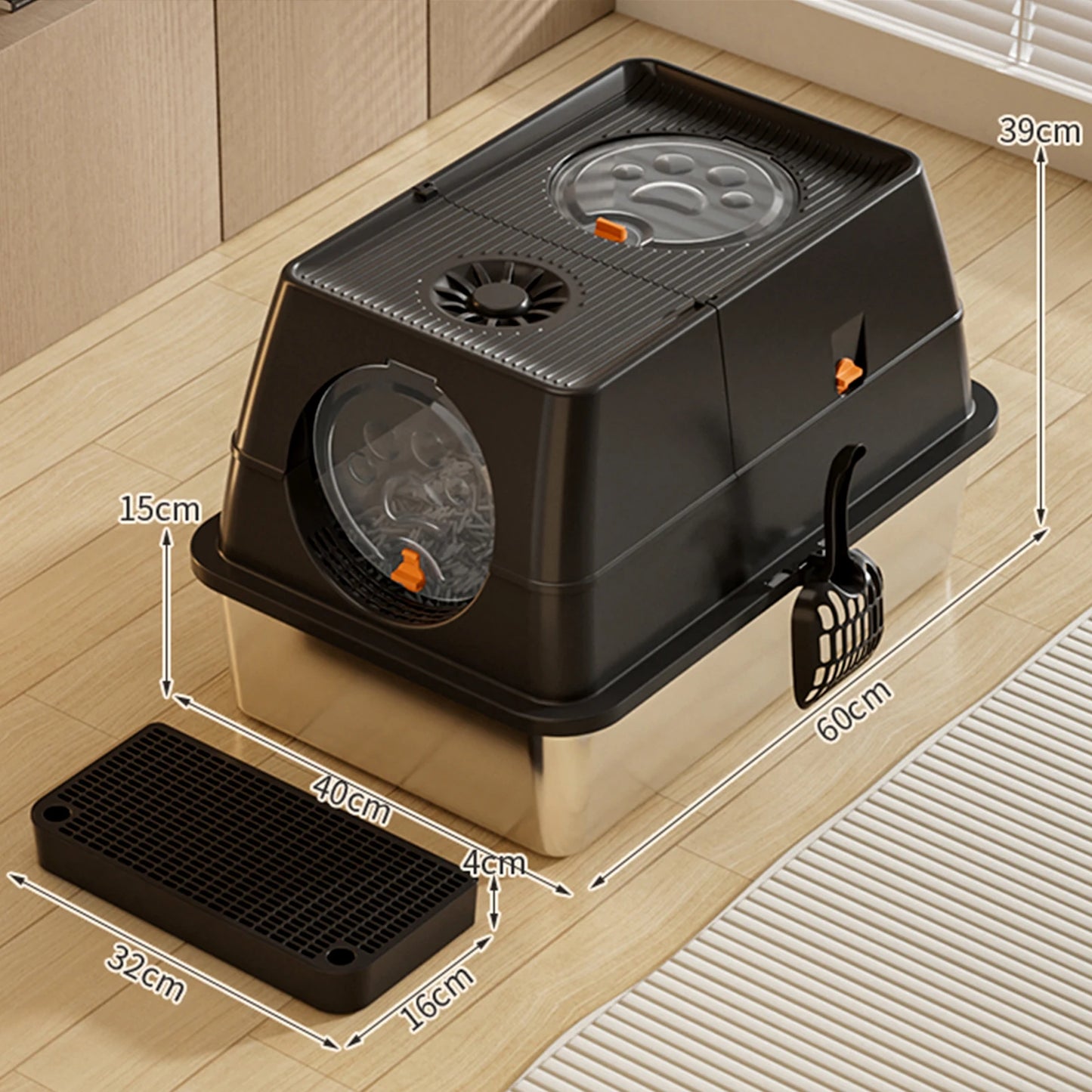 Stainless Steel Litter Box with Lid Anti-Leakage Non Stick Surface XXL Cat Litter Pan w/Scoop & Steps 60x40x39cm