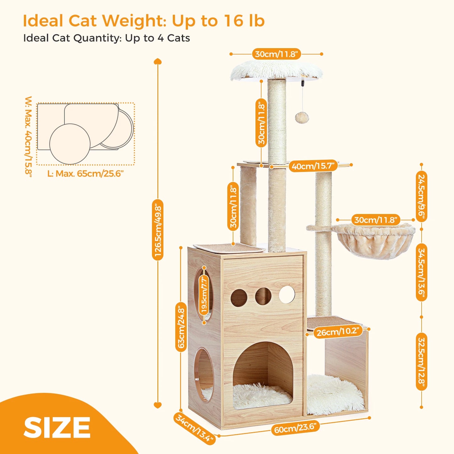 Wood Cat Tree with Sisal Scratching Posts, Large Top Perch, Deep Hammock, Cozy Cat Condo for Indoor, Multi-Level Cat Tower House