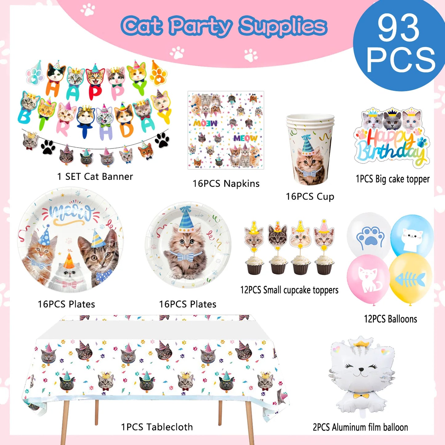 Cat Birthday Party Supplies,93pcs Birthday Decorations &Theme Tableware Set-Party Plates Napkins Tablecloth&Banner Balloons etc
