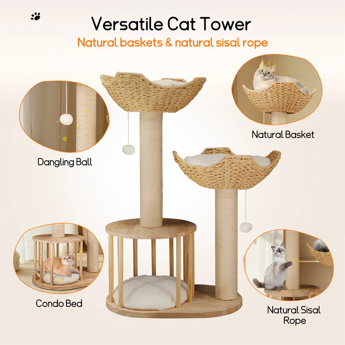 99CM Tall Multilevel Cat Tree Activity Tower Center with Plush Cushion Dangling Ball Baskets Condo Scratching Post for Indoor