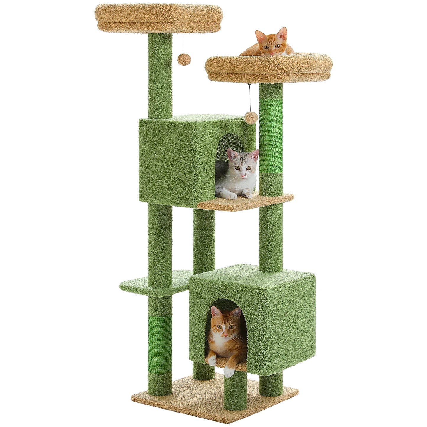 Cactus Cat Tree, 133cm Cat Tower for Indoor Cats, Cute Cat Tree with 2 Padded Perches, 2 Condos & 2 Scratching Posts