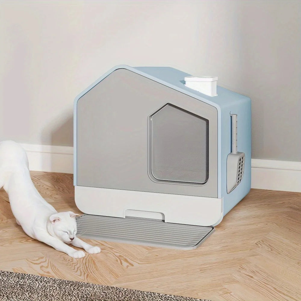 Uforic Enclosed Cat Litter Box - Odor-Free Hooded Design, Easy to Clean, with Mat, Scoop, and Durable Plastic Material - Blue