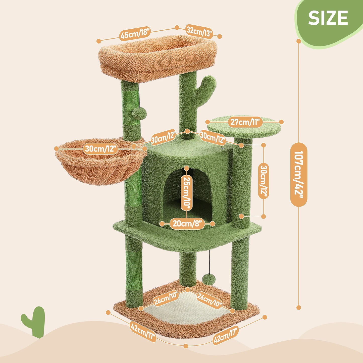 Cactus Cat Tree with Sisal Covered Scratching Posts, Large Condo, Cozy Hammock and Plush Perch, Cat Tower for Indoor, Cat House