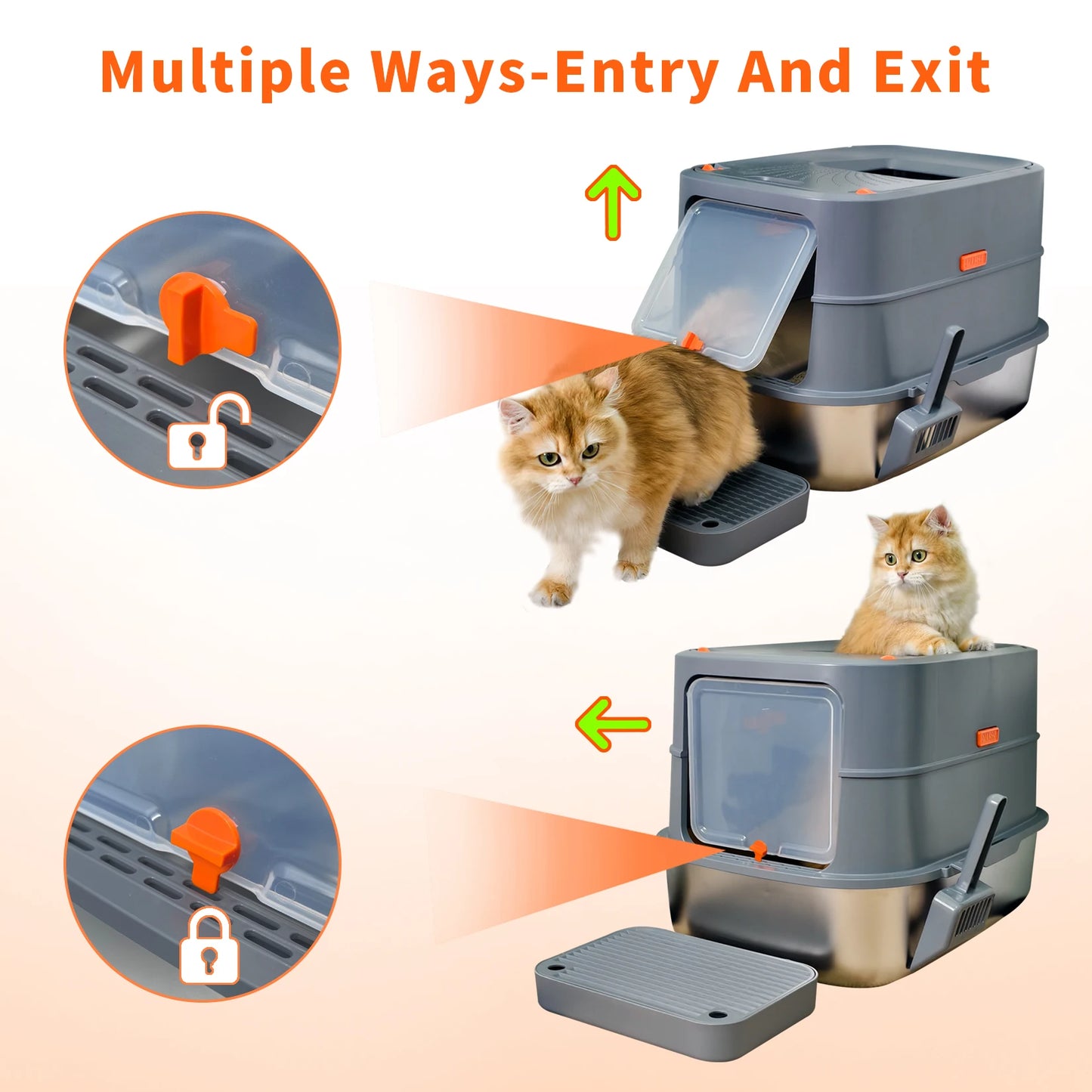 Extra Large Stainless Steel Cat Litter Box Full Enclosed Cat Litter Tray Pan High Sided Enclosure Removable Lid with Scoop