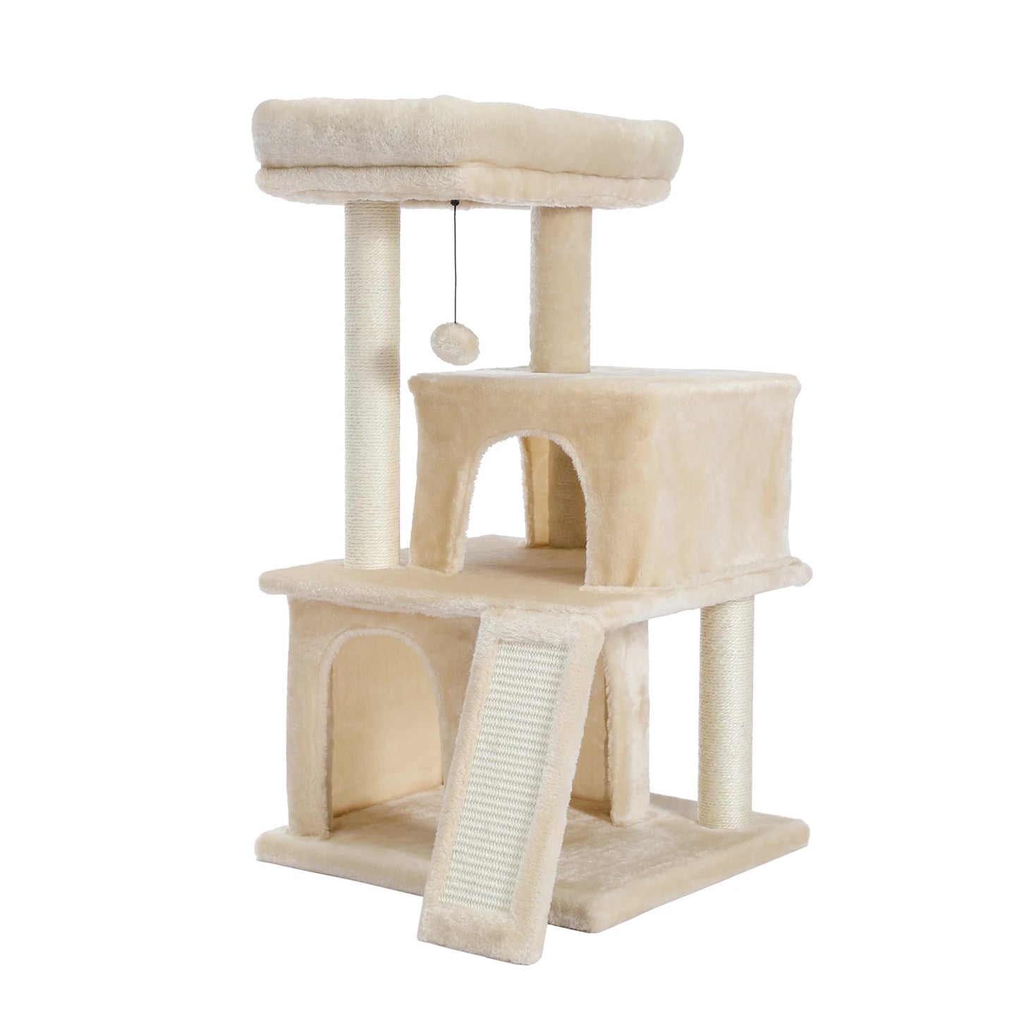 Wooden Cat Tower with Double Condos Spacious Perch Fully Wrapped Scratching Sisal Posts and Replaceable Dangling Balls