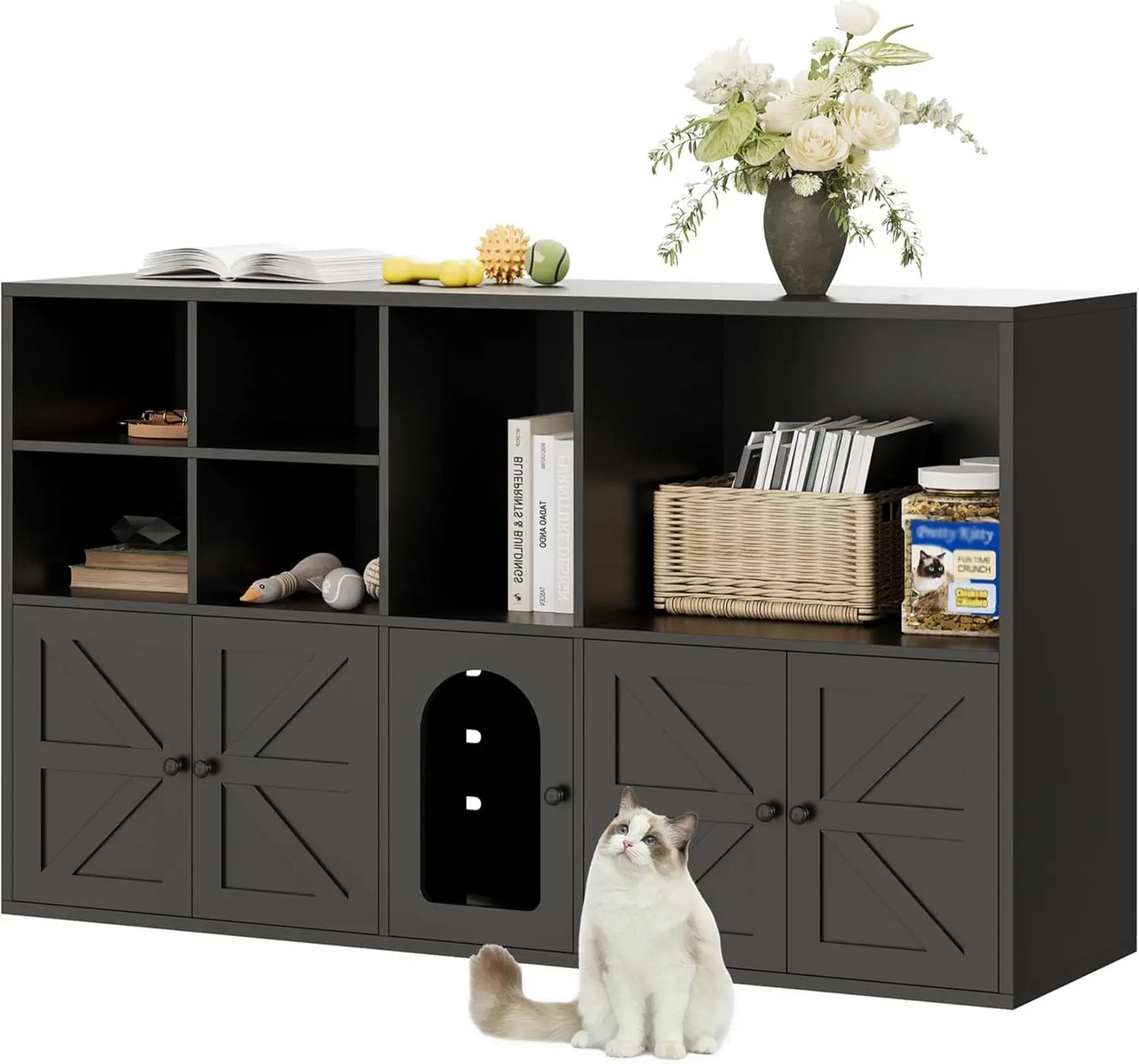 IRONCK Cat Litter Box Enclosure for 2 Cats, Litter Box Furniture Hidden with Double Room and Large Storage Space, Bookcase