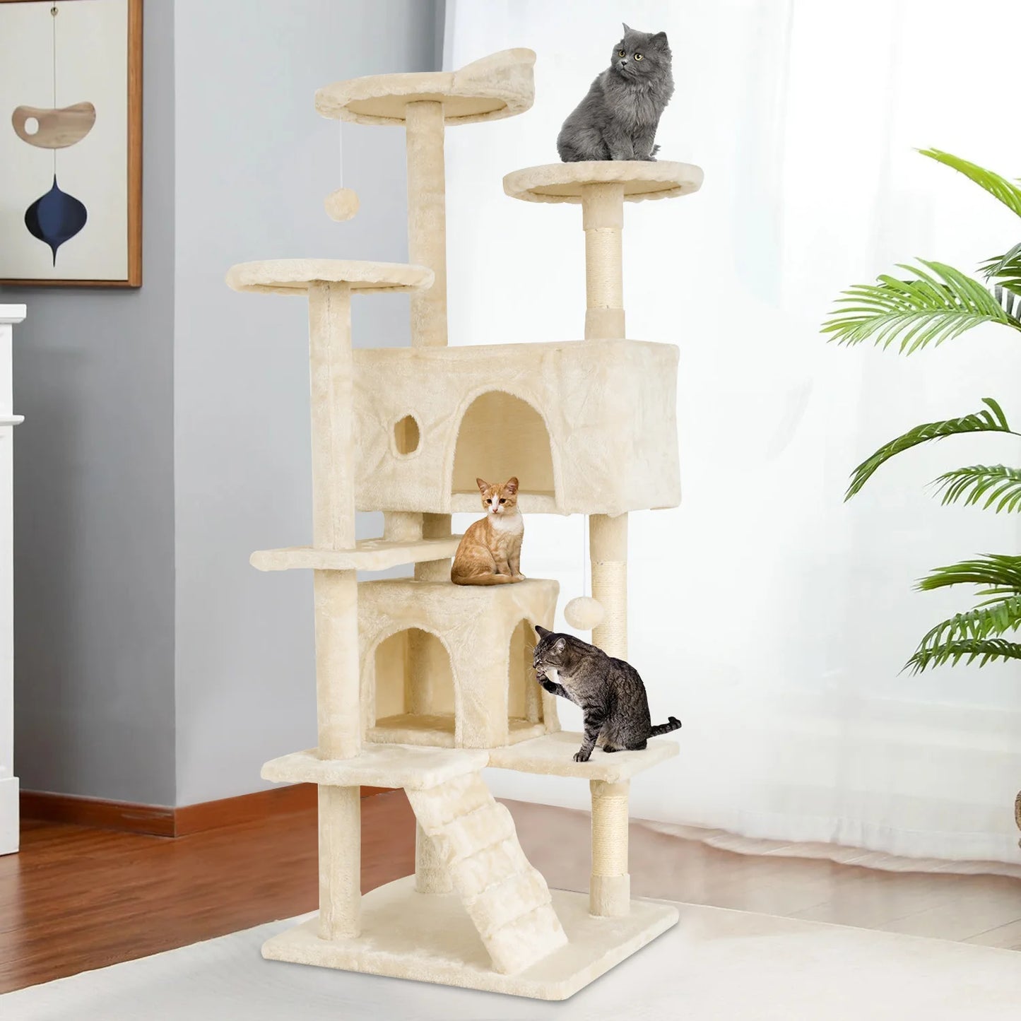 Cat Tree 54/70 Inch Cat Tower Cat Condo with Sisal-Covered Scratching Posts Dangling Ball for Cats to Play and Sleep