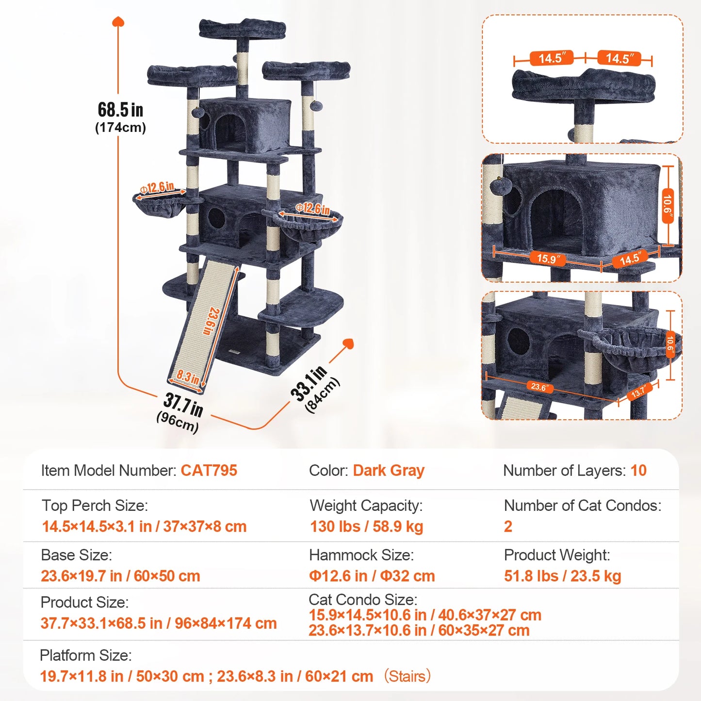 SucceBuy Cat Tree for Indoor Cats 45.2" Tower with Cat Condo Sisal Scratching Post HammockTop Perch Jumping Platforms Dark Grey