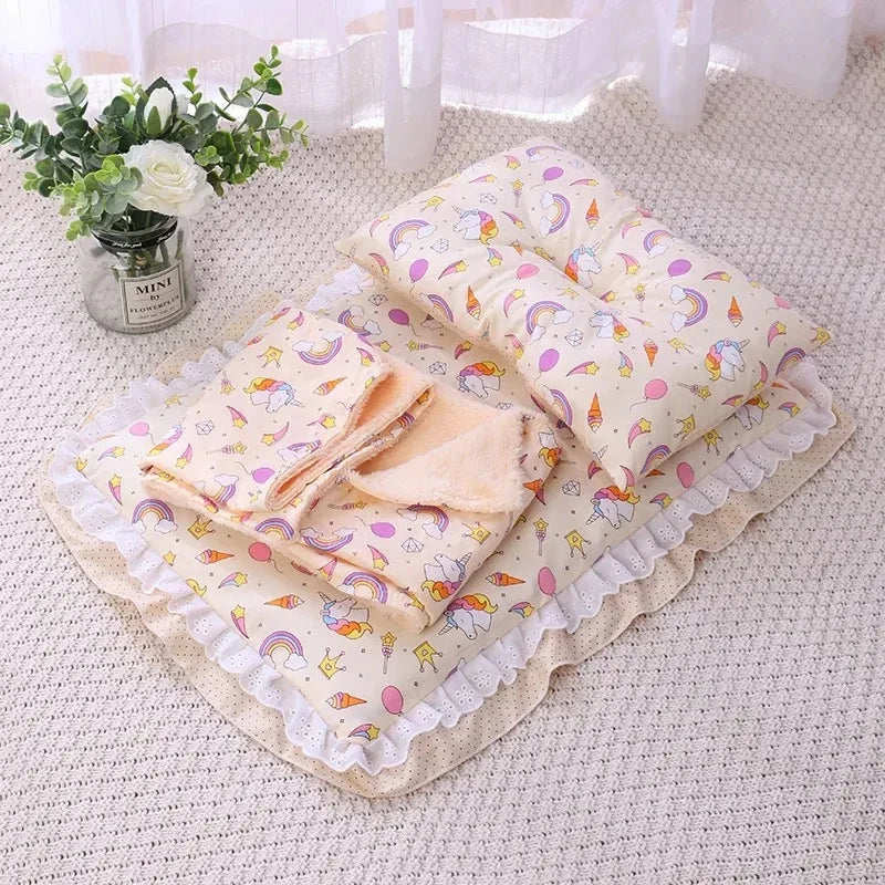 Cute Cat Bed With Pillow Universal Three-Piece Princess Nest Dog Kennel Pet Cushion Small Medium Cat Sleeping Bed Pet Blanket