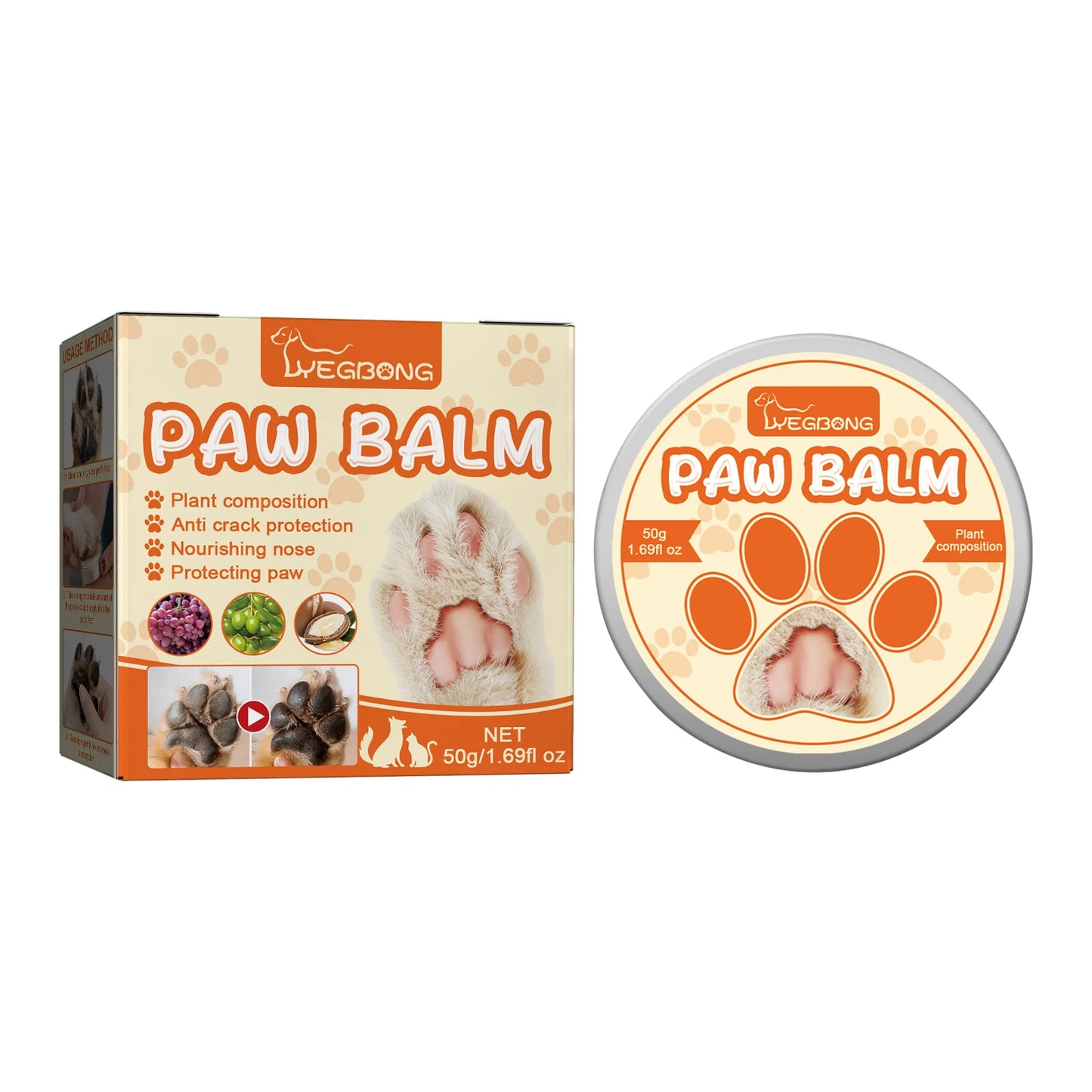 Yegbong 50g Pet Paw Moisturizing Balm for Cats Dogs Nourish Nose Protection Cracking Skin Soothe Repair Dryness Pet Paw Balm