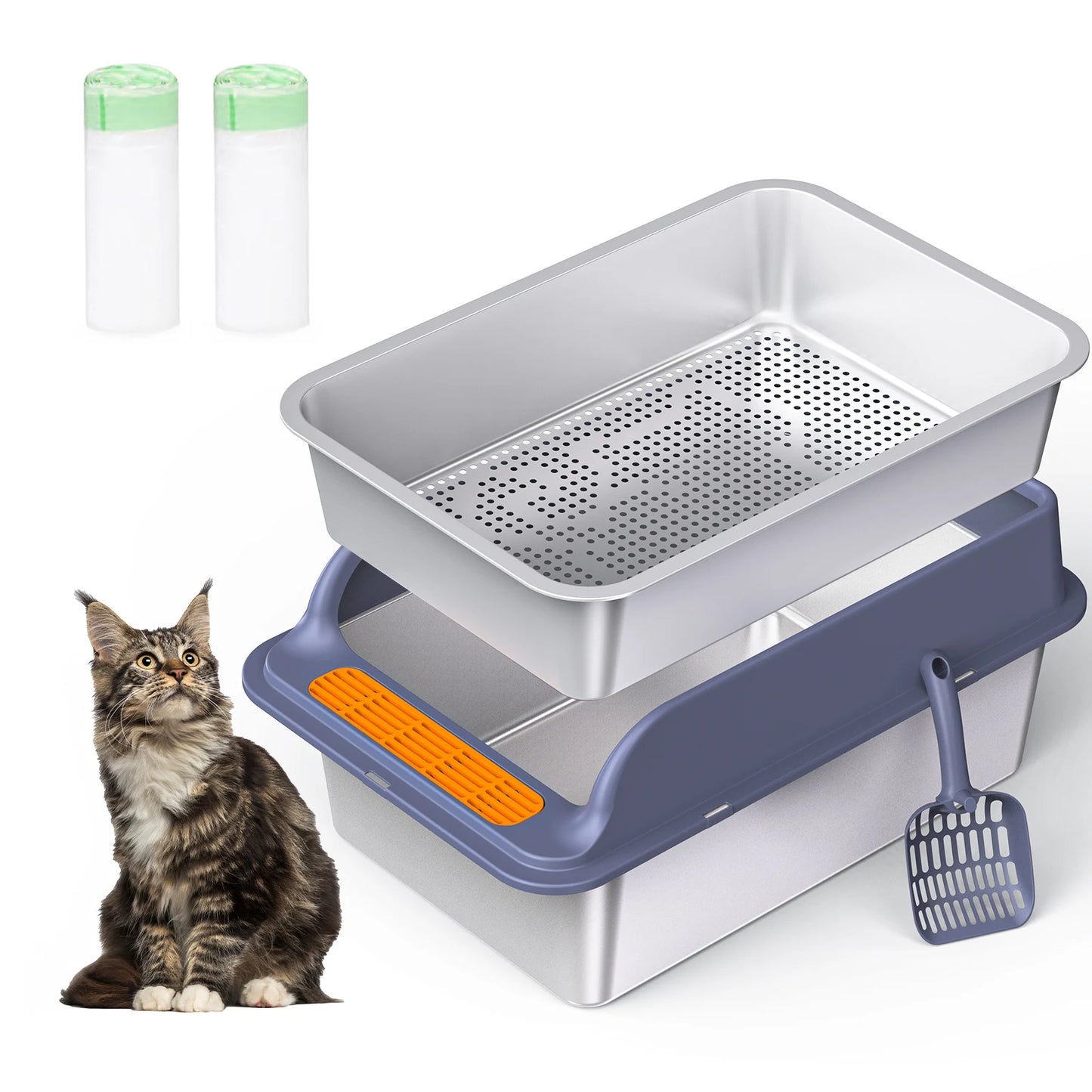 XL Stainless Steel Cat litter box, Sifting Cat Litter Box for Wood Pine Pellets, for big/fat cat, Ordor control, Easy Clean