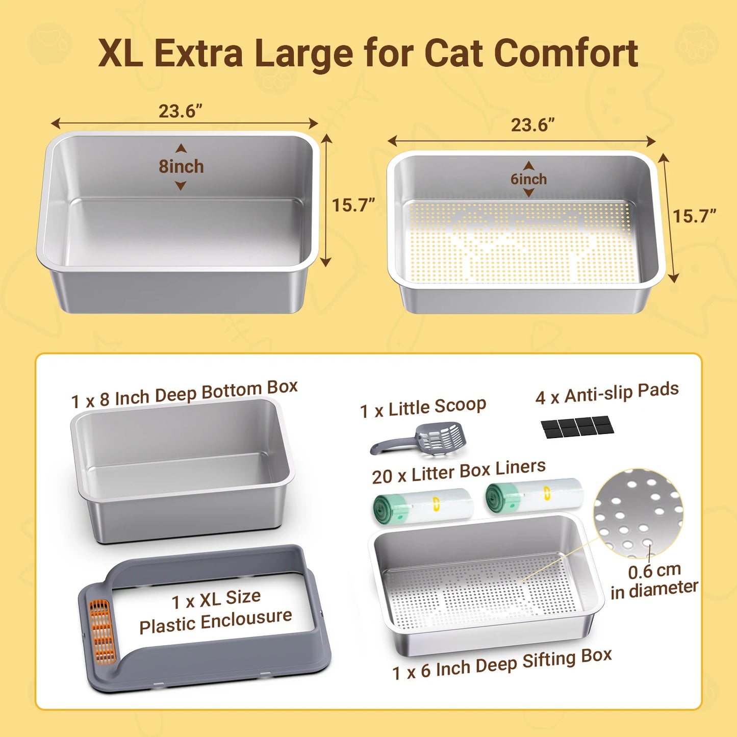 XL Stainless Steel Cat litter box, Sifting Cat Litter Box for Wood Pine Pellets, for big/fat cat, Ordor control, Easy Clean
