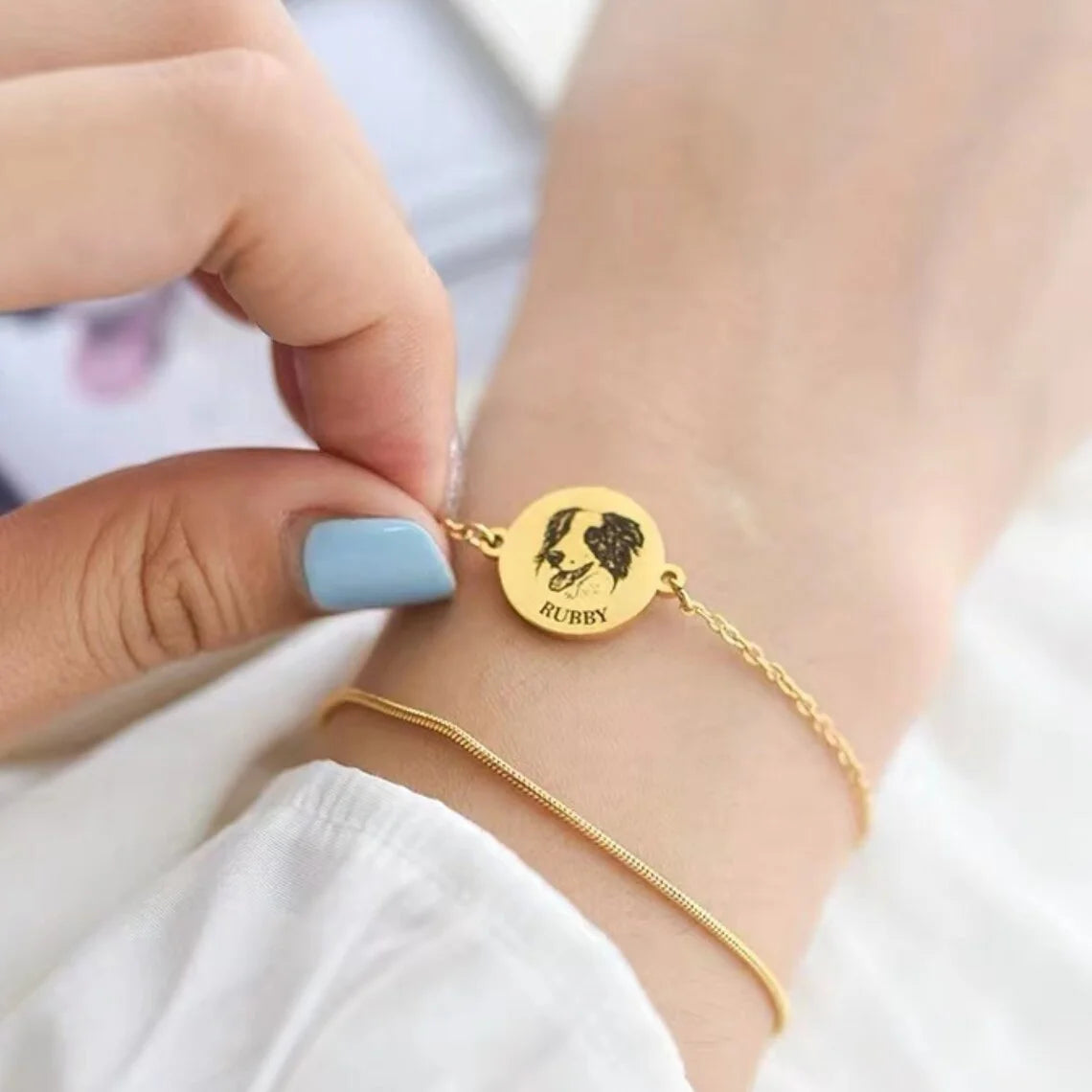 Custom Pet Portrait Bracelet Personalized Double Chain Bracelet Round Pendant Women Jewelry For Mom Gift Pet Memorial Gifts