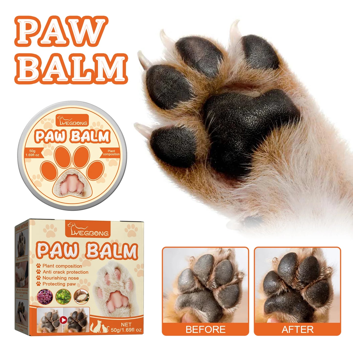 Yegbong 50g Pet Paw Moisturizing Balm for Cats Dogs Nourish Nose Protection Cracking Skin Soothe Repair Dryness Pet Paw Balm