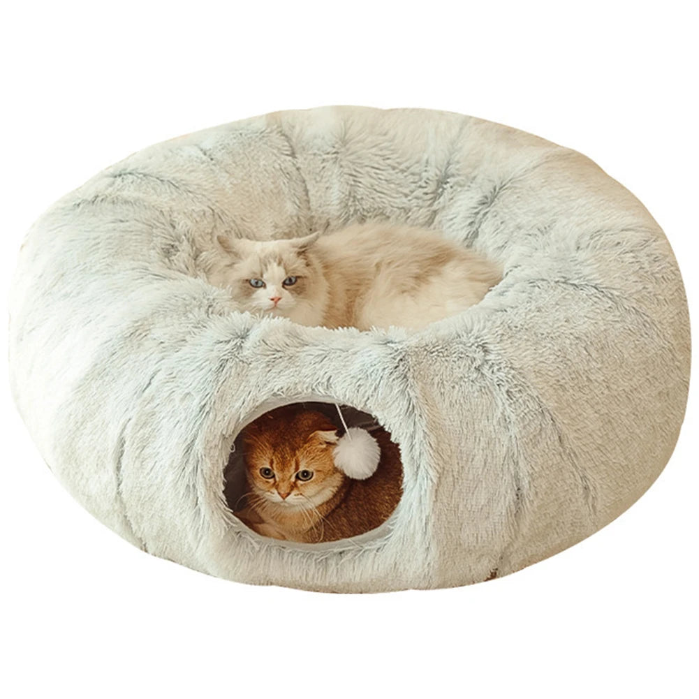 Soft Winter Cat Bed and Tunnel Playful Foldable Cat Cave for Deep Sleeping Provides Warmth Comfortable for Cats Small Dogs Pets