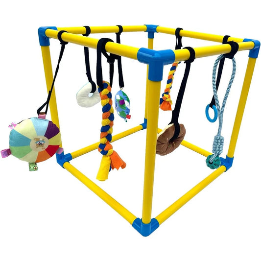 Dewonch Puppy Play Gym with 8 Hanging Toys, Small Dogs Indoor Jungle Gym, PVC Frame with Bungee Straps Enrichment Activity Cente