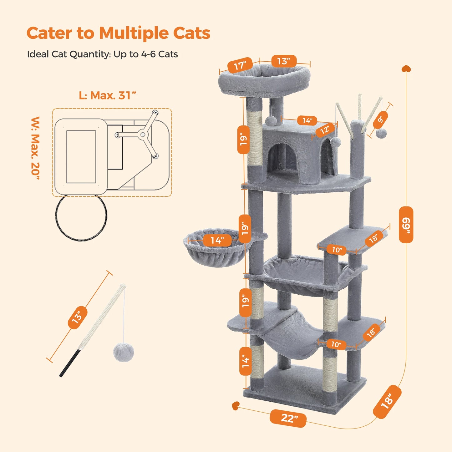 Stable&Safe Cat Tree Multi-Level Cat Tower with Spacious Hammock&Top Perches,Comfortable Condo Perfect for Indoor Cats,Cat Toy