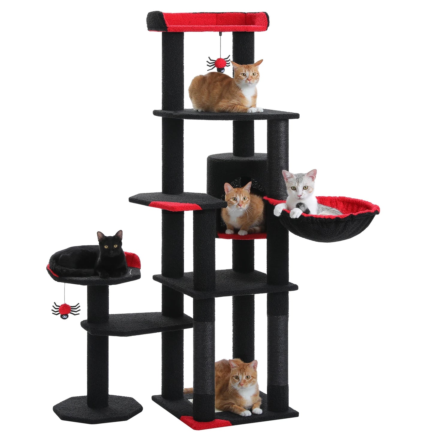 Stable Cat Tree Tower with Anti-Toppling Device,Cozy Detachable Top Bed,Cute Round Cat Condo,Large Hammock,Replaceable Pompoms