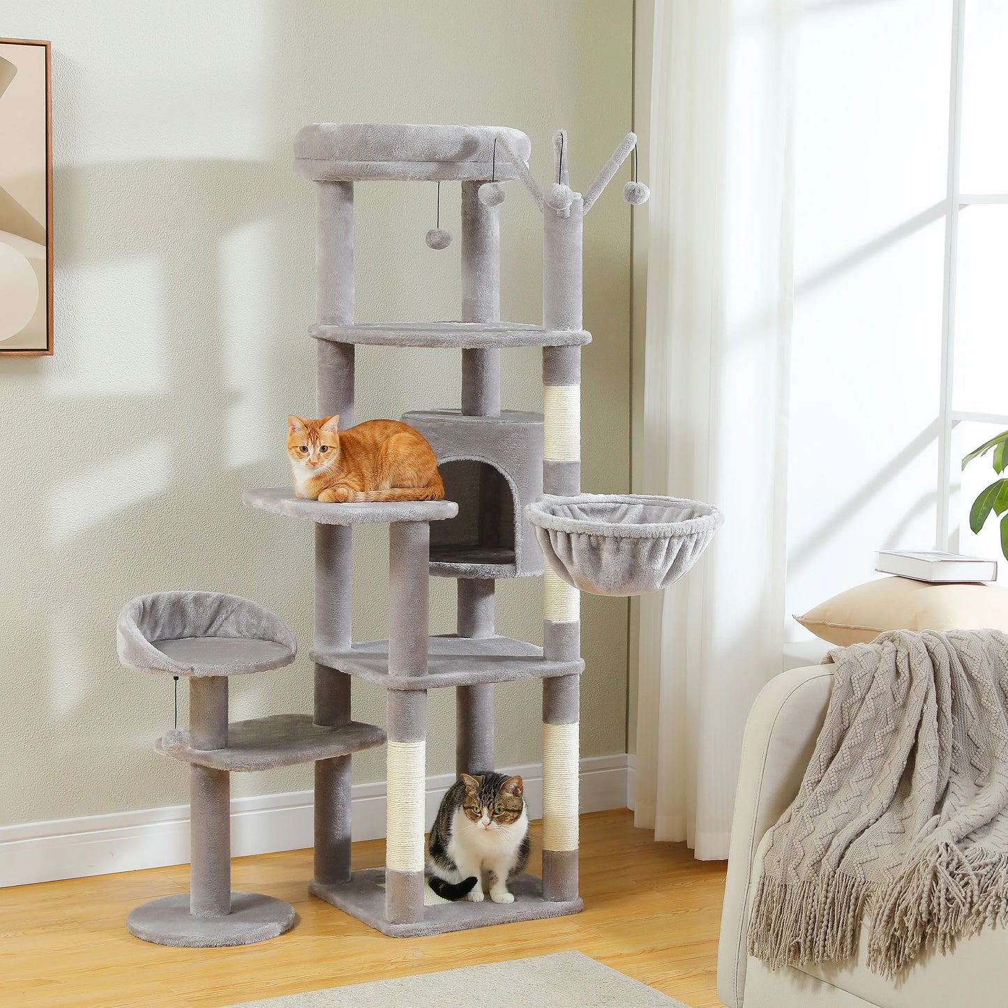 Stable Cat Tree Tower with Anti-Toppling Device,Cozy Detachable Top Bed,Cute Round Cat Condo,Large Hammock,Replaceable Pompoms