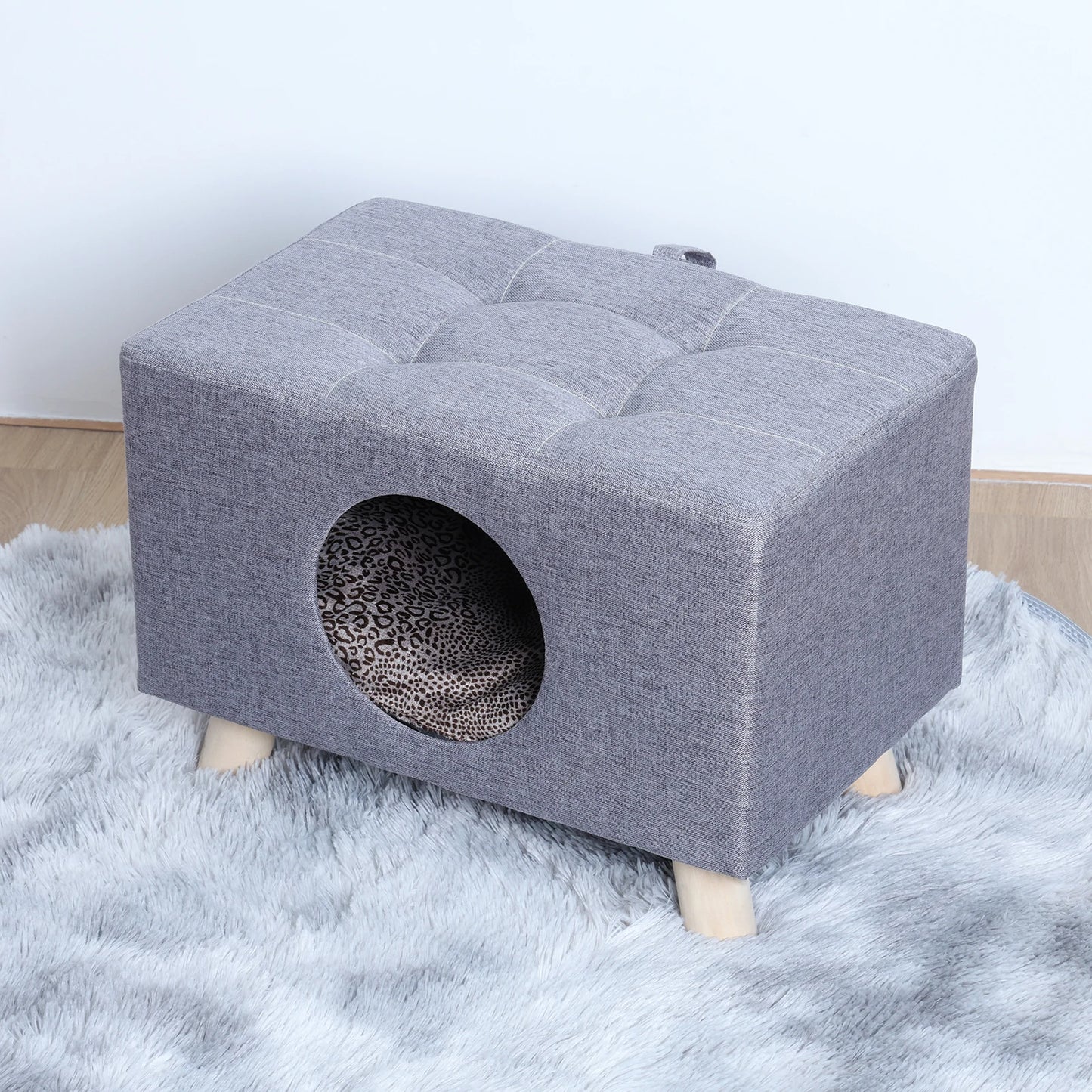 Cat Nest, Pet House Bench, Wood Pet House Cat Cave with Mat, Pet House Foot Rest Stool with Cushion, Cube House for Cats dogs