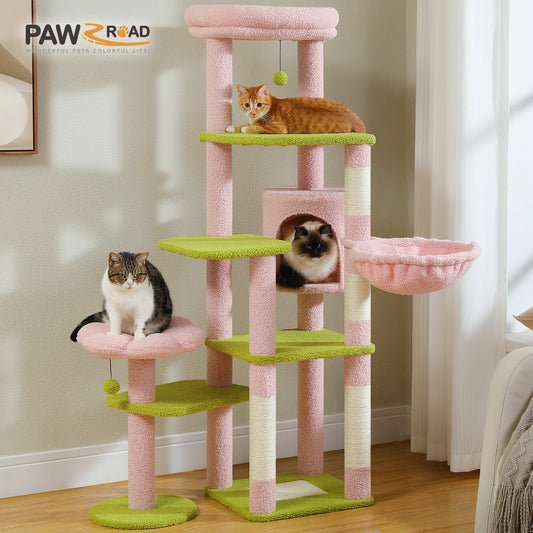 Tall Cat Tree for Large Cat Multi-Level Cactus Cat Tower for Indoor Cats Cat Condo with Large Hammock Scratching Post  2 Perches