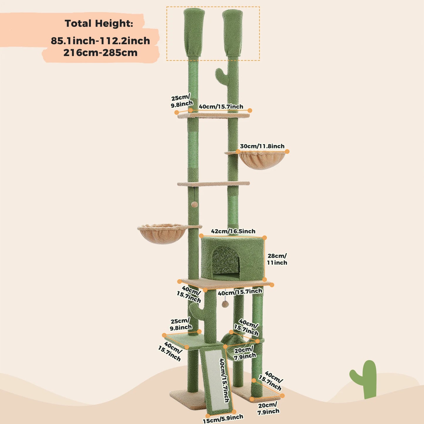 Cactus Cat Tree Adjustable Floor-to-Ceiling Cat Tower Safe Multi-Level Climbing & Play Tower for Multi-Cat Homes,Cat Accessories