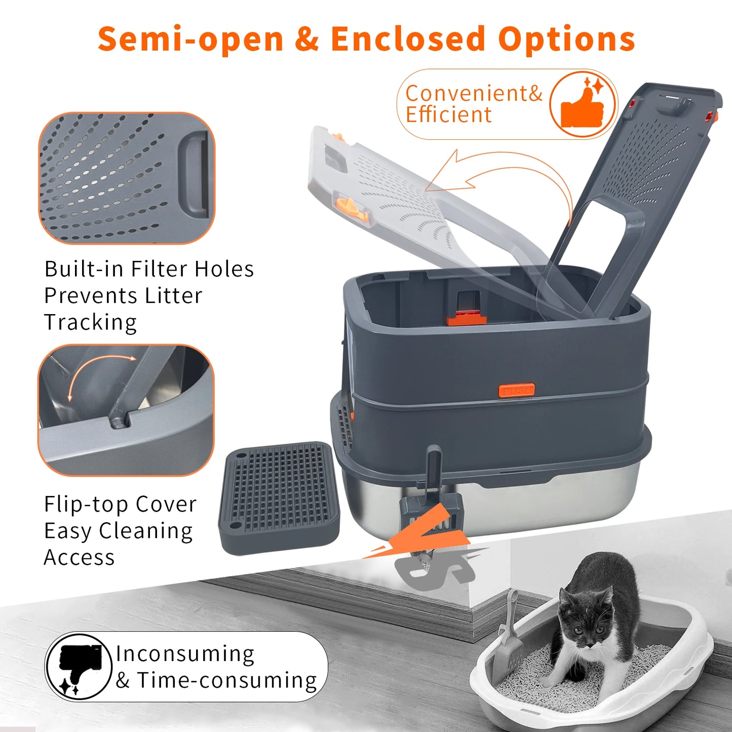 Extra Large Stainless Steel Cat Litter Box Full Enclosed Cat Litter Tray Pan High Sided Enclosure Removable Lid with Scoop