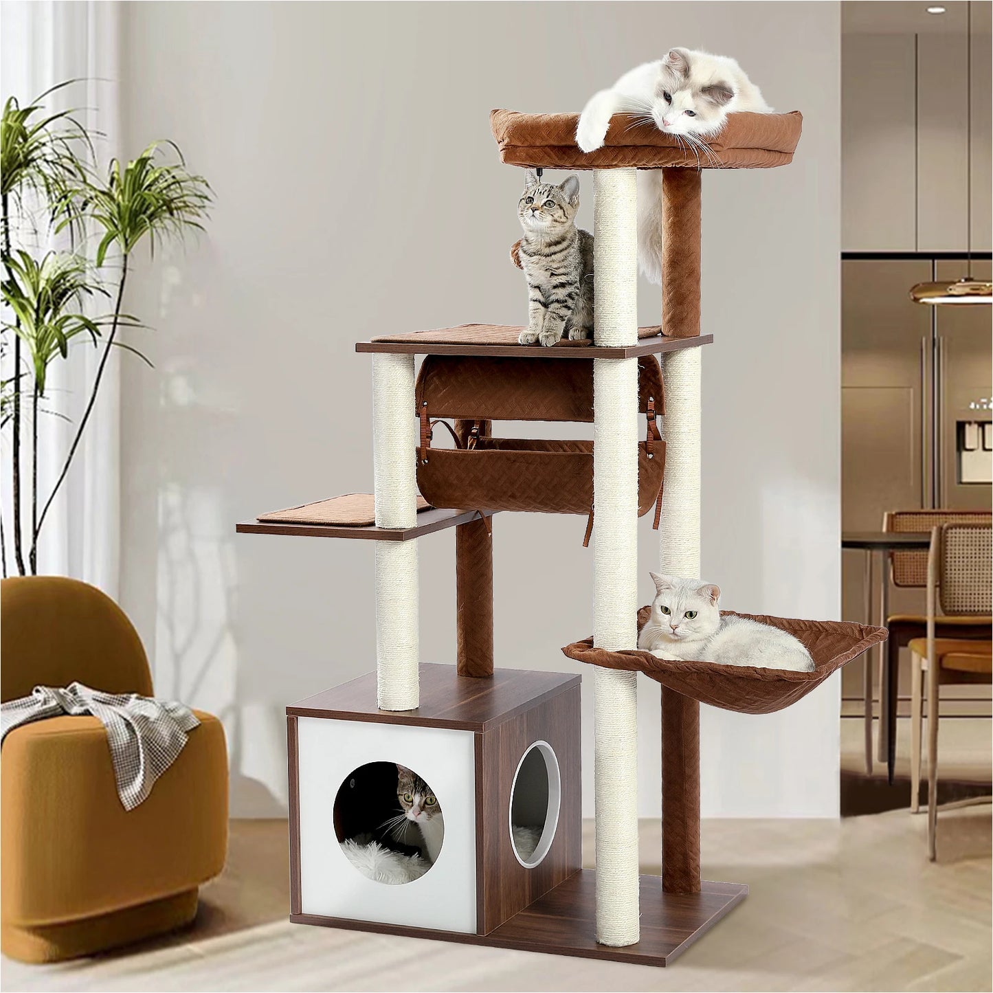 Multi-Level Wood Cat Tree with Tunnel Sisal Sctraching Post Large Condo Hammock Modern Cat Tower for Indoor Cat Accessories Toys