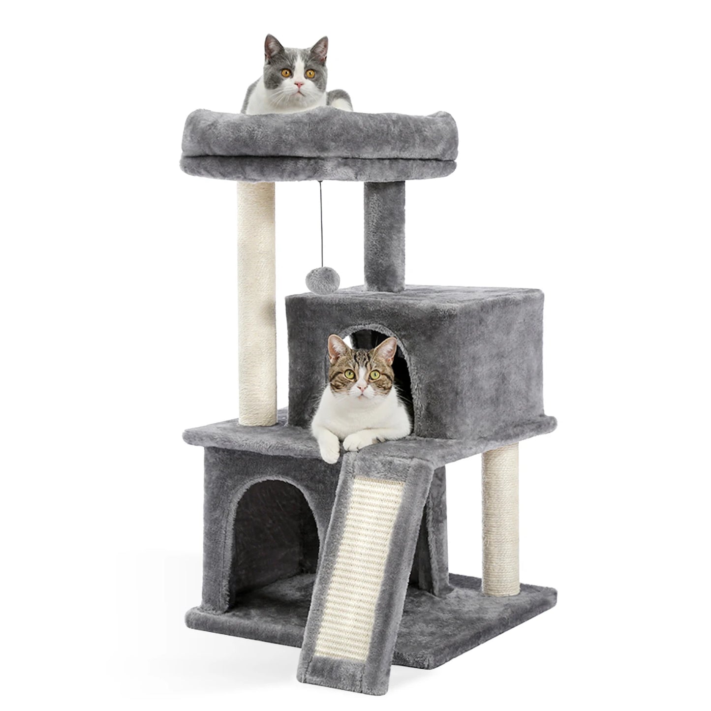 Wooden Cat Tower with Double Condos Spacious Perch Fully Wrapped Scratching Sisal Posts and Replaceable Dangling Balls