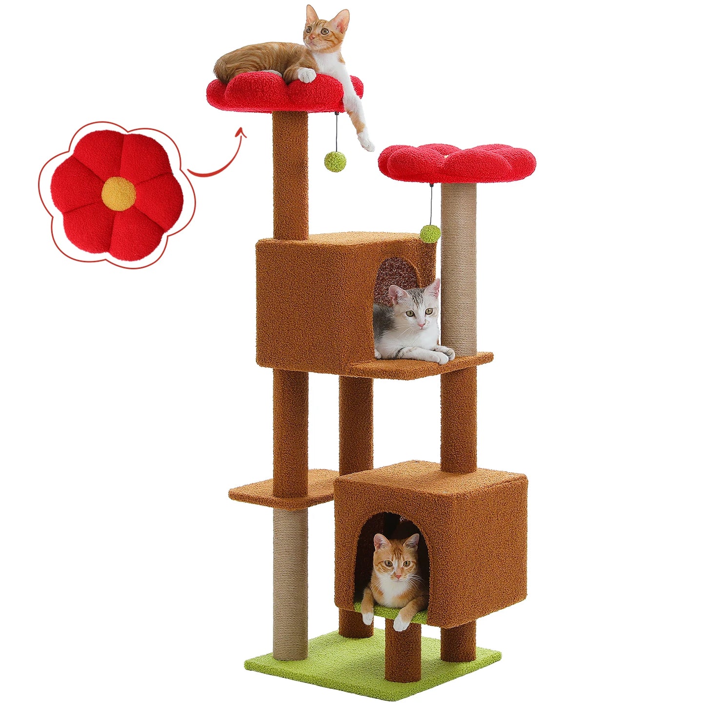 Cactus Cat Tree, 133cm Cat Tower for Indoor Cats, Cute Cat Tree with 2 Padded Perches, 2 Condos & 2 Scratching Posts