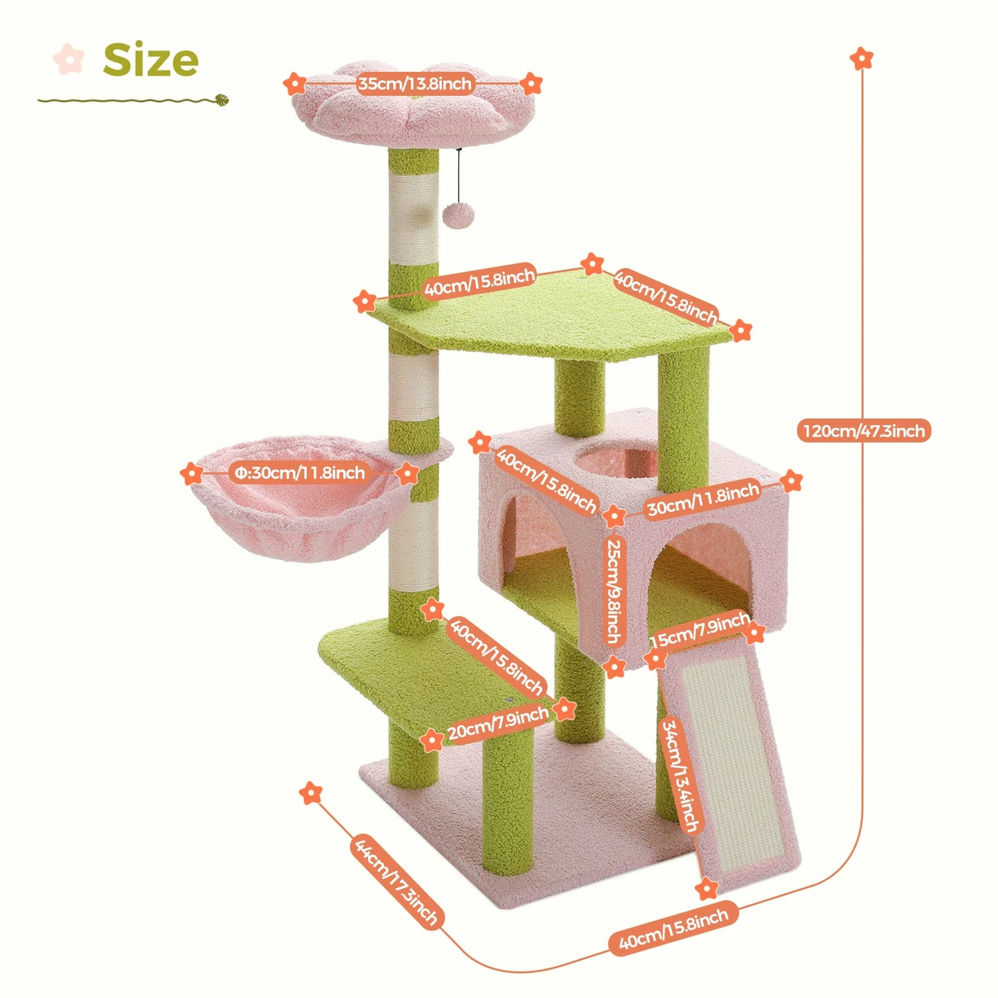120cm Multi-Level Flower Cat Tree Tower with Sisal Scratch Posts Ramp Top Perch and Fluffy Ball for Small to Medium Indoor Cats
