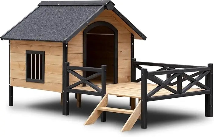 Wooden Large Dog House 43.3" L x 69.9" W x 32.7" H Extreme Outback Log Cabin Weatherproof Outdoor Pet Kennel, Cabin Style Elevat