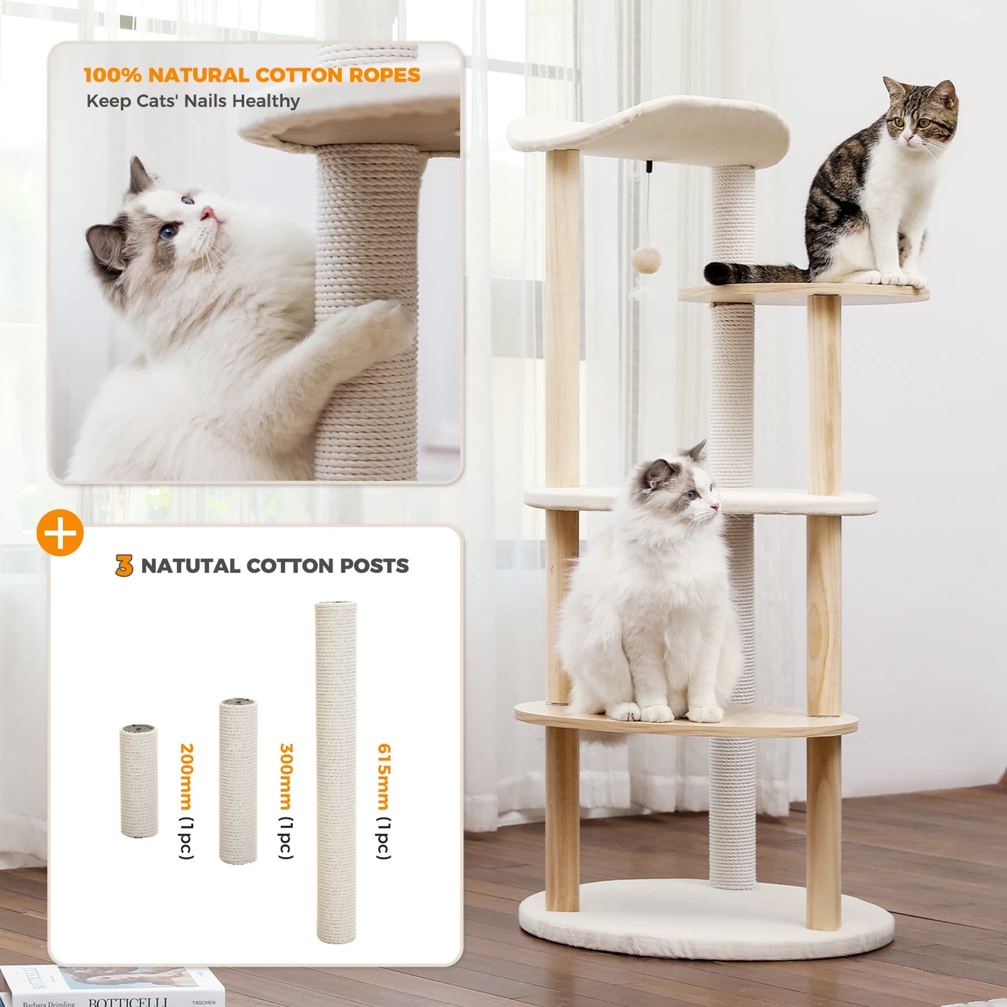 Modern Cat Tree Tower Furniture Wooden with Scratching Post Multi-level Jumping Platform with Condo and Comfortable Perch Beige
