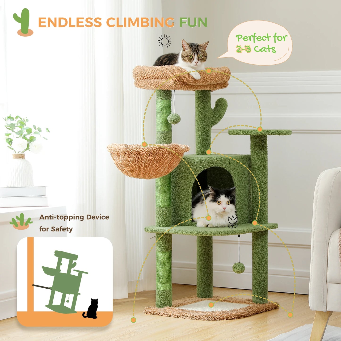 Cactus Cat Tree with Sisal Covered Scratching Posts, Large Condo, Cozy Hammock and Plush Perch, Cat Tower for Indoor, Cat House