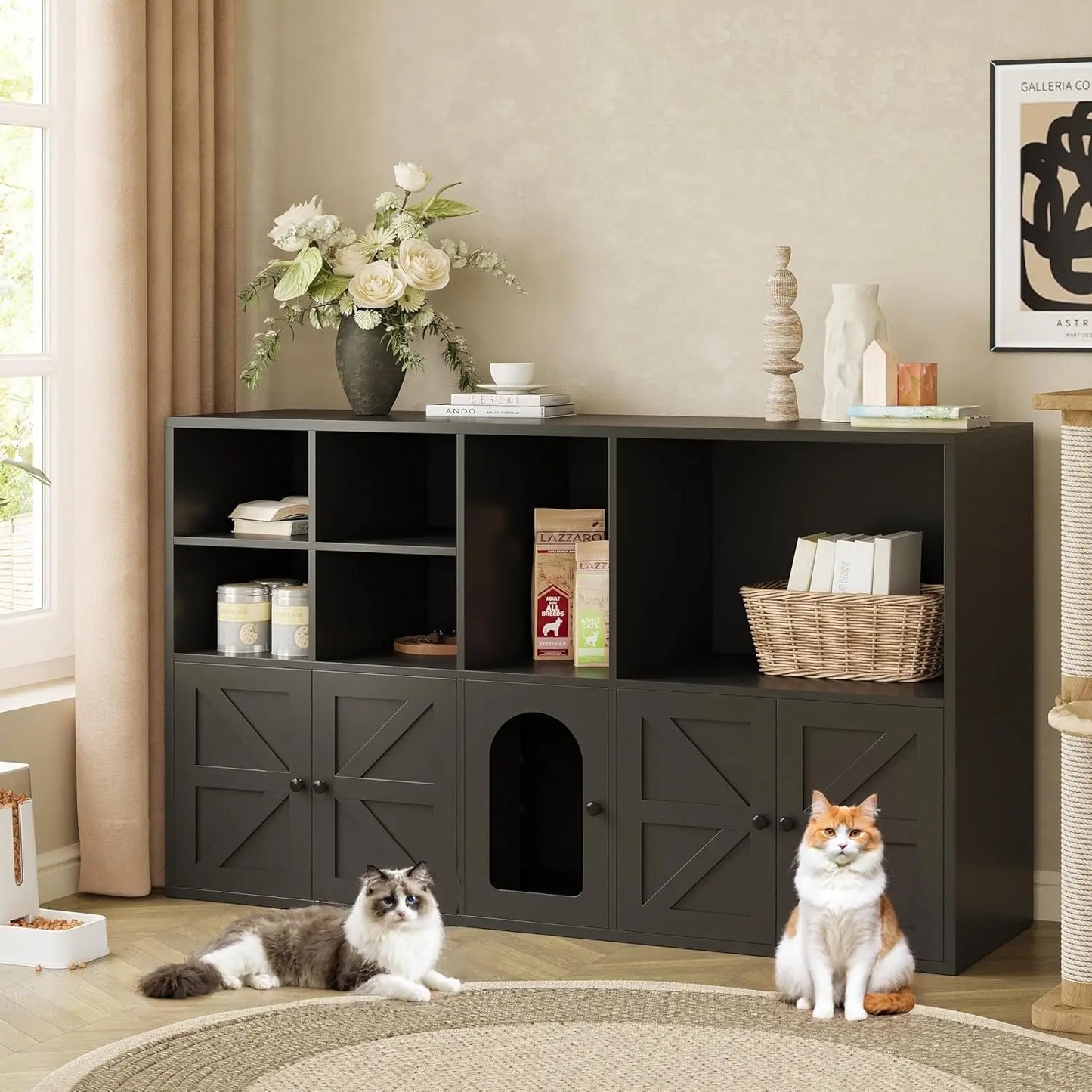 IRONCK Cat Litter Box Enclosure for 2 Cats, Litter Box Furniture Hidden with Double Room and Large Storage Space, Bookcase