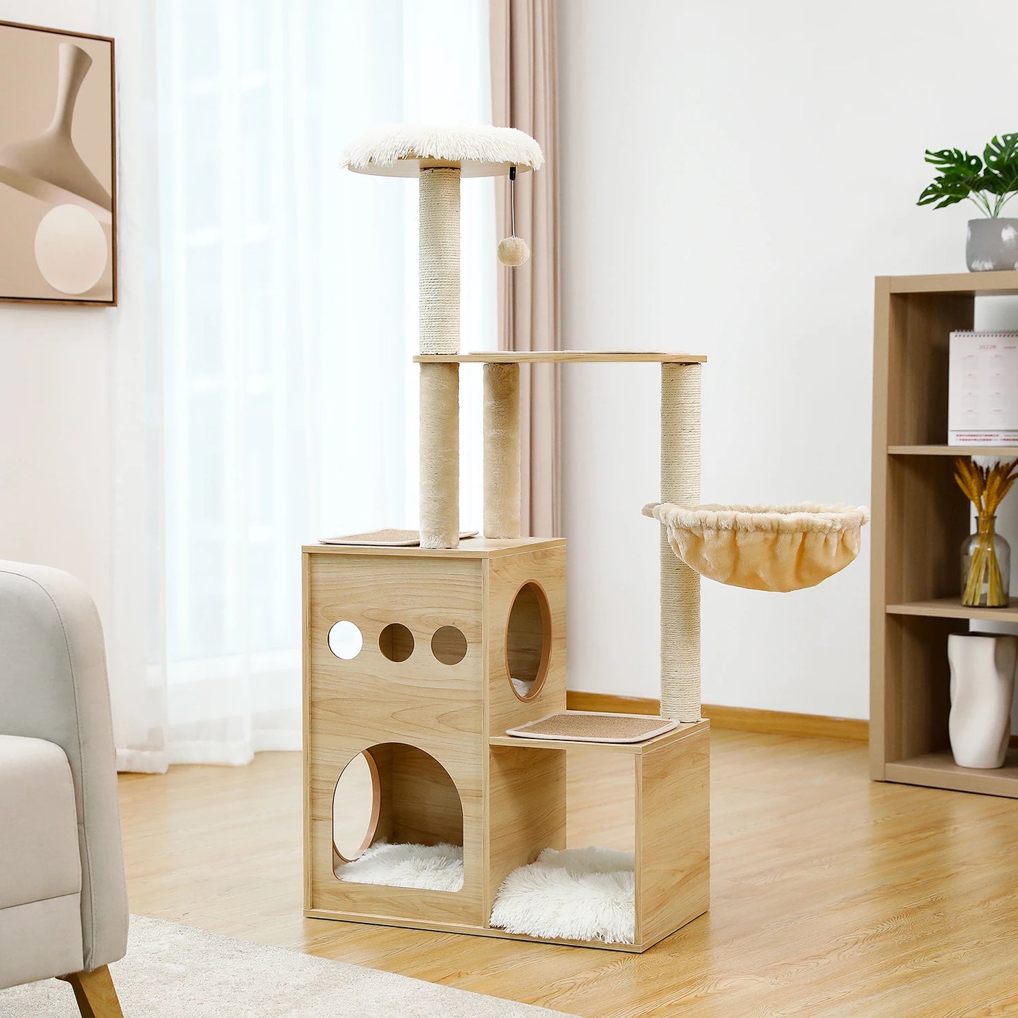 Wood Cat Tree with Sisal Scratching Posts, Large Top Perch, Deep Hammock, Cozy Cat Condo for Indoor, Multi-Level Cat Tower House