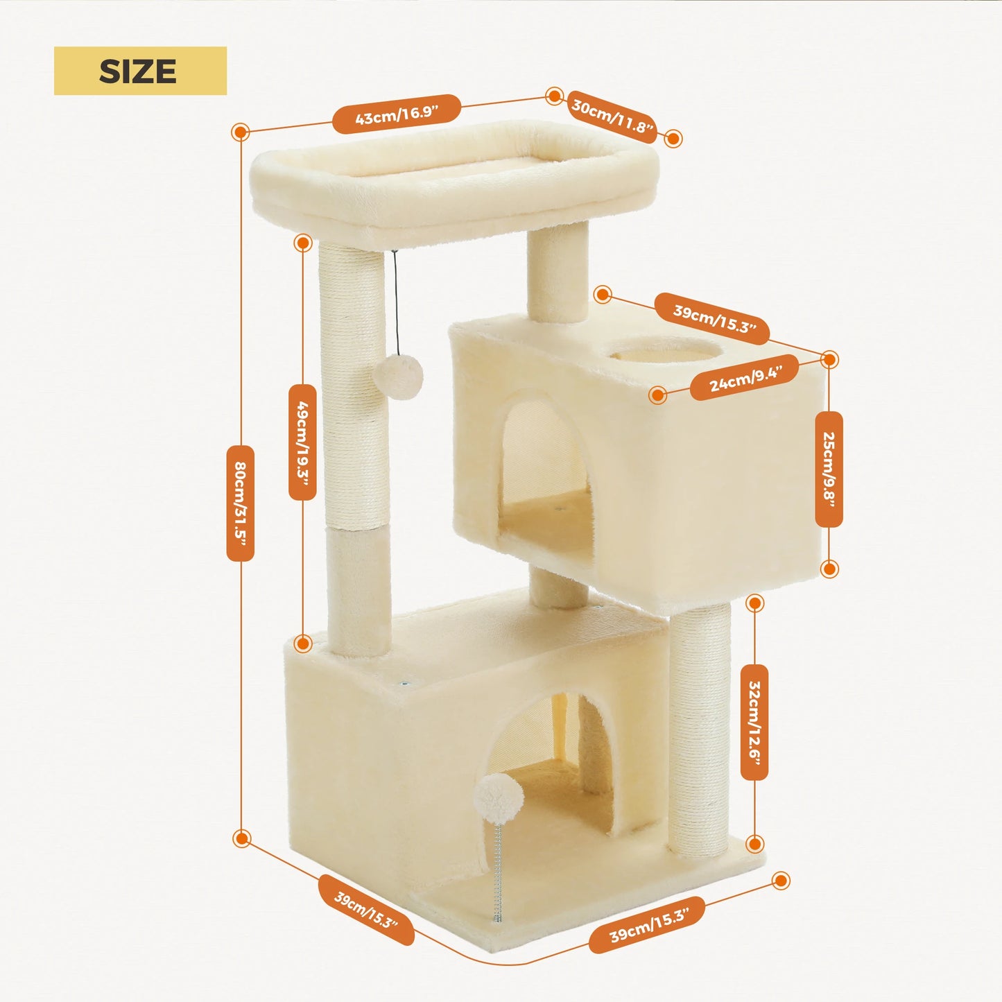 82cm Cat Tree Tower with Detachable Top Perch,Joyful and Interactive Spring Ball,Double Spacious Condos Suitable for Indoor Cats