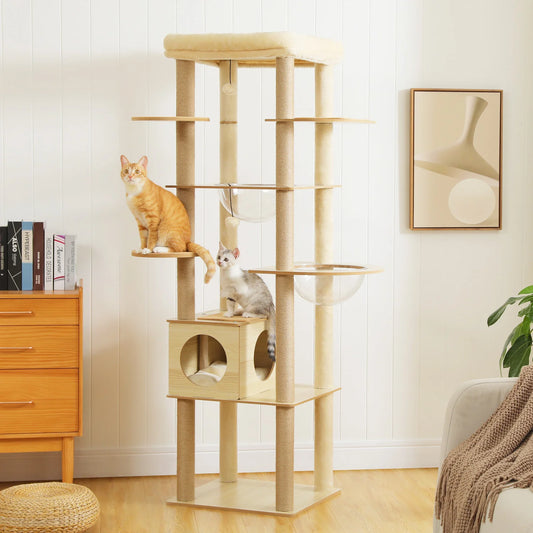 Multi-Level Cat Tree for Indoor Wood Cat Tower with Scratching Posts Spacious Condo Hammock Top Perch Cat Scratcher Cat Toys