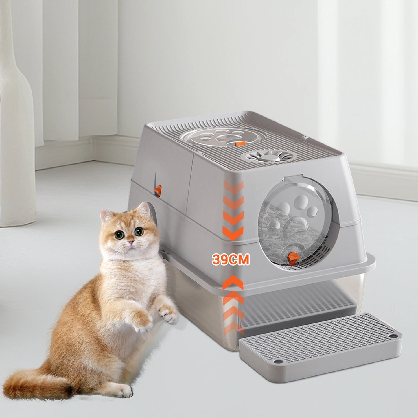 Stainless Steel Cat Litter Box, High Sided Enclosure Cat Toilet With Lid, Front And Top Door, Sand Filter Pedal & Litter Scoop