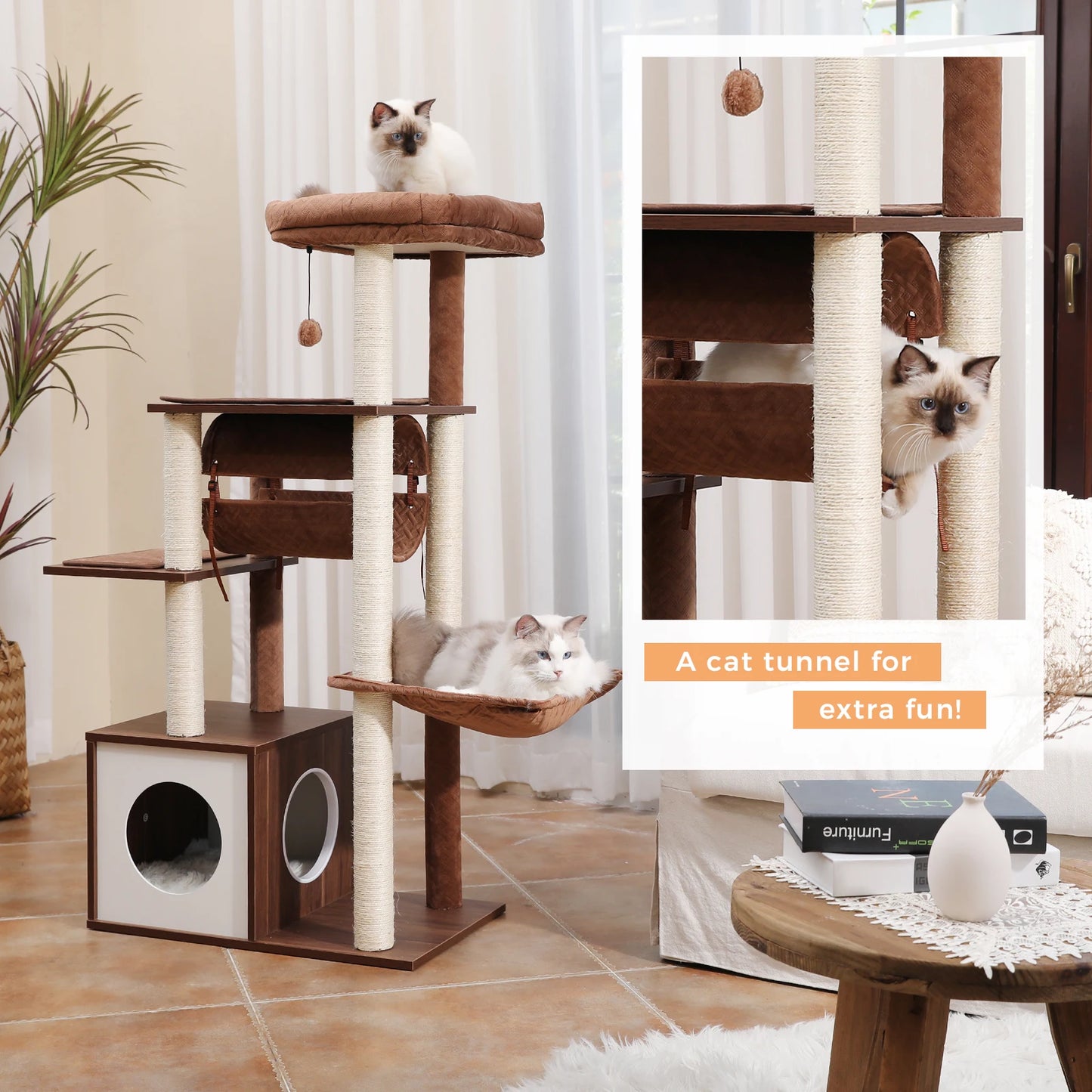 Modern Cat Tree for Indoor Cats Wooden Cat Tower with Sisal Covered Scratching Posts Cozy Condo Hammock Swing Tunnel Cat Toys