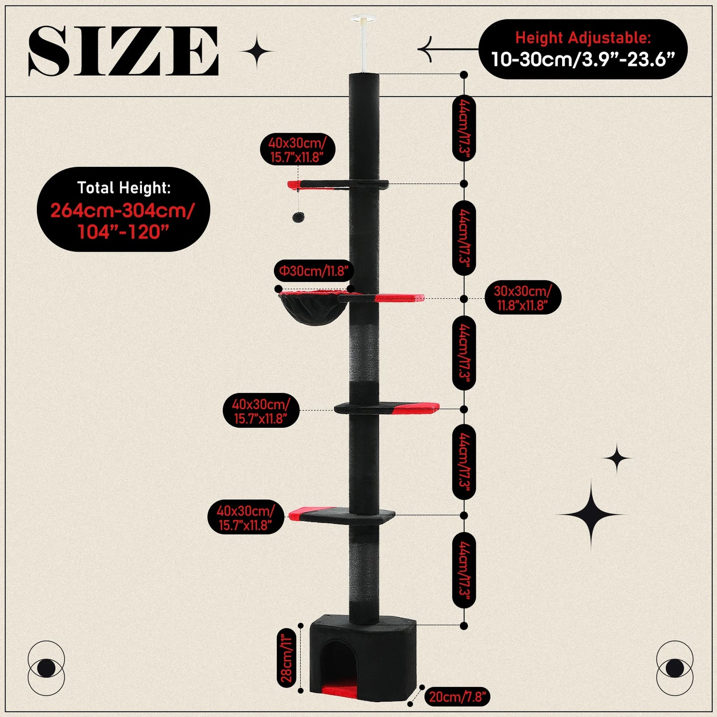 Cactus Cat Tree Adjustable Floor-to-Ceiling Cat Tower Safe Multi-Level Climbing & Play Tower for Multi-Cat Homes,Cat Accessories